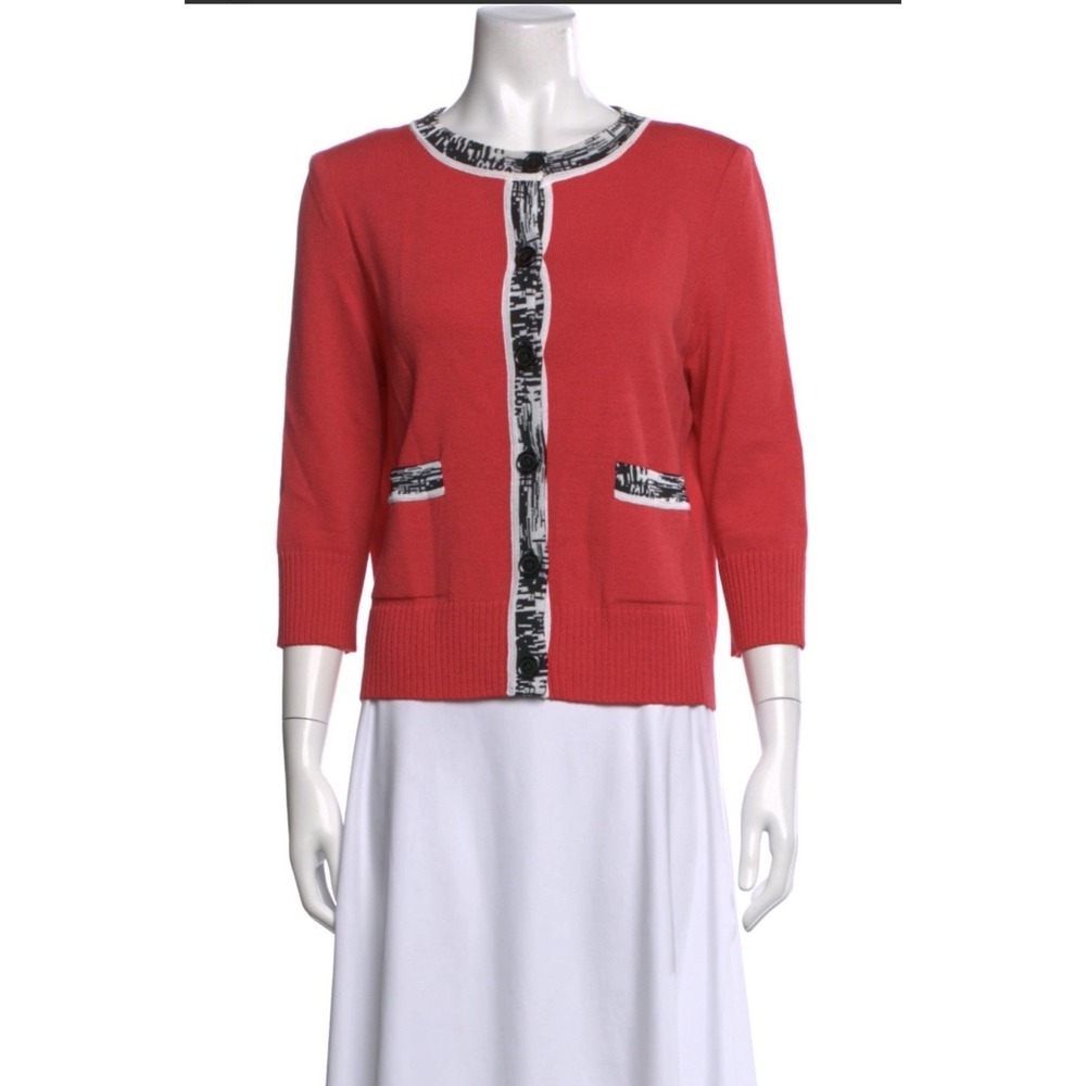 ST. JOHN Knit Jacket Blazer Cardigan Coral Black Size XL Button Front Pockets
